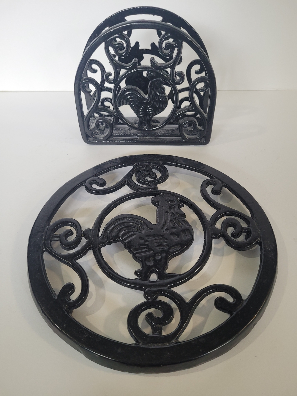 Black Cast Iron Rooster Hot Plate Trivet and Napkin Holder Set